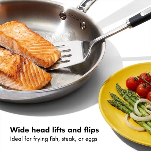 JULIPRO slotted spatula closeup illustrating draining action for fried foods