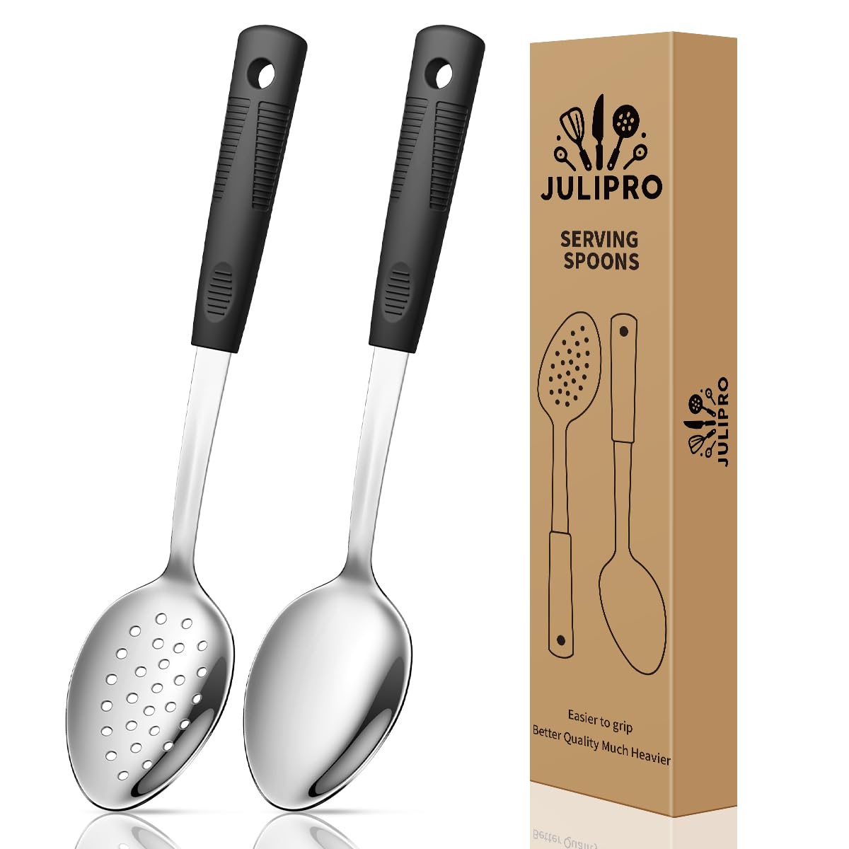 JULIPRO stainless steel serving spoons set in black finish displayed together for easy kitchen serving.