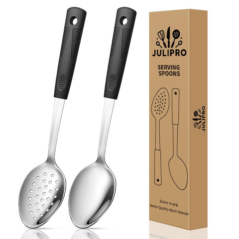 JULIPRO stainless steel serving spoons set in black finish displayed together for easy kitchen serving.