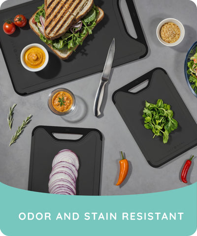 JULY HOME dishwasher-safe plastic boards for quick cleanup after cooking.