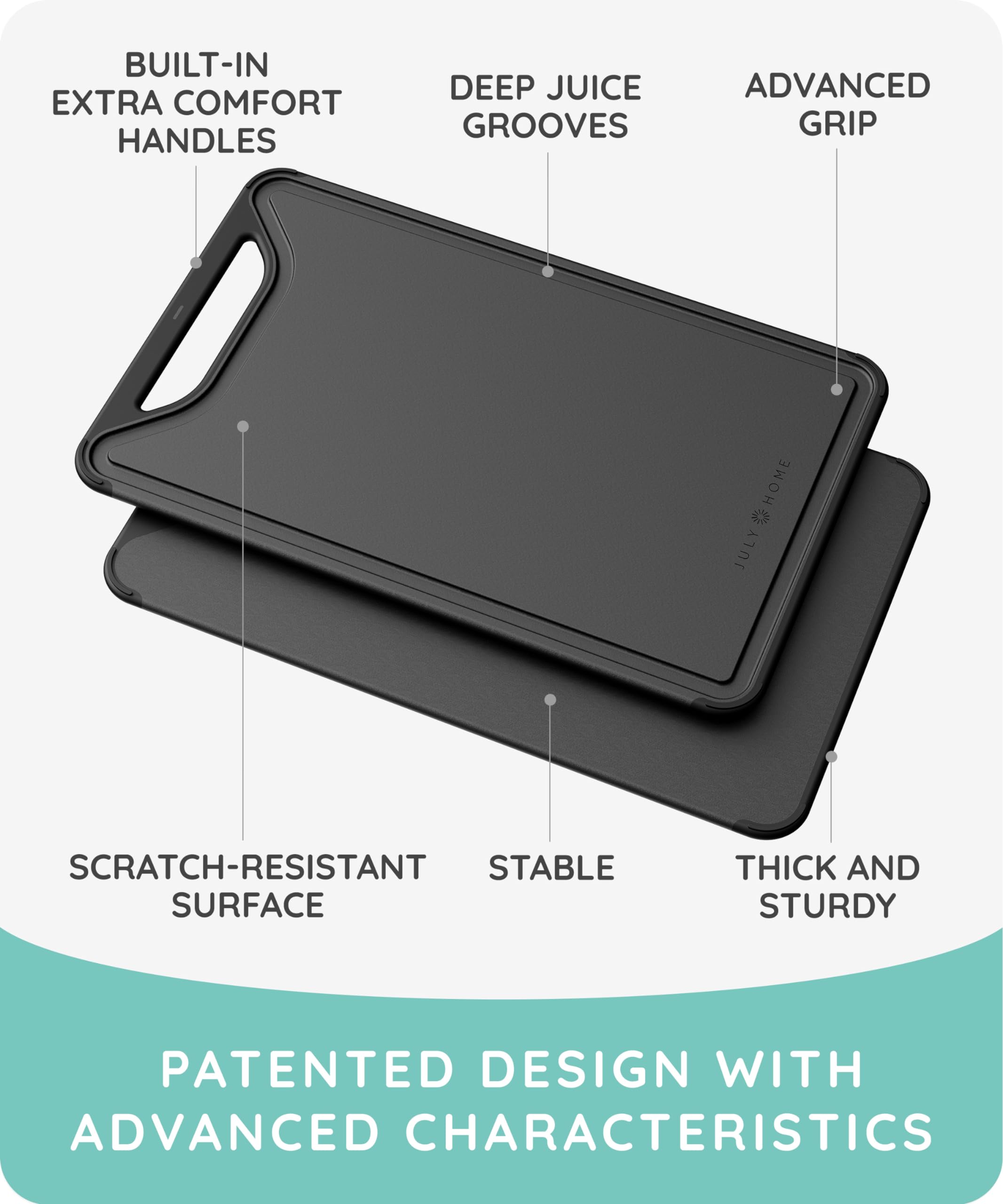 JULY HOME cutting board with non-slip grip for secure chopping.
