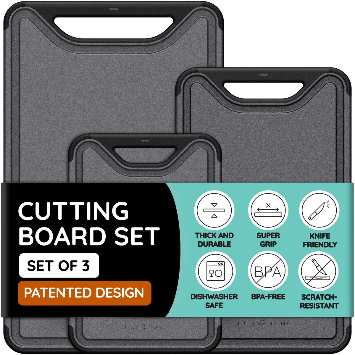 JULY HOME three-piece plastic cutting board set stacked for versatile meal prep.