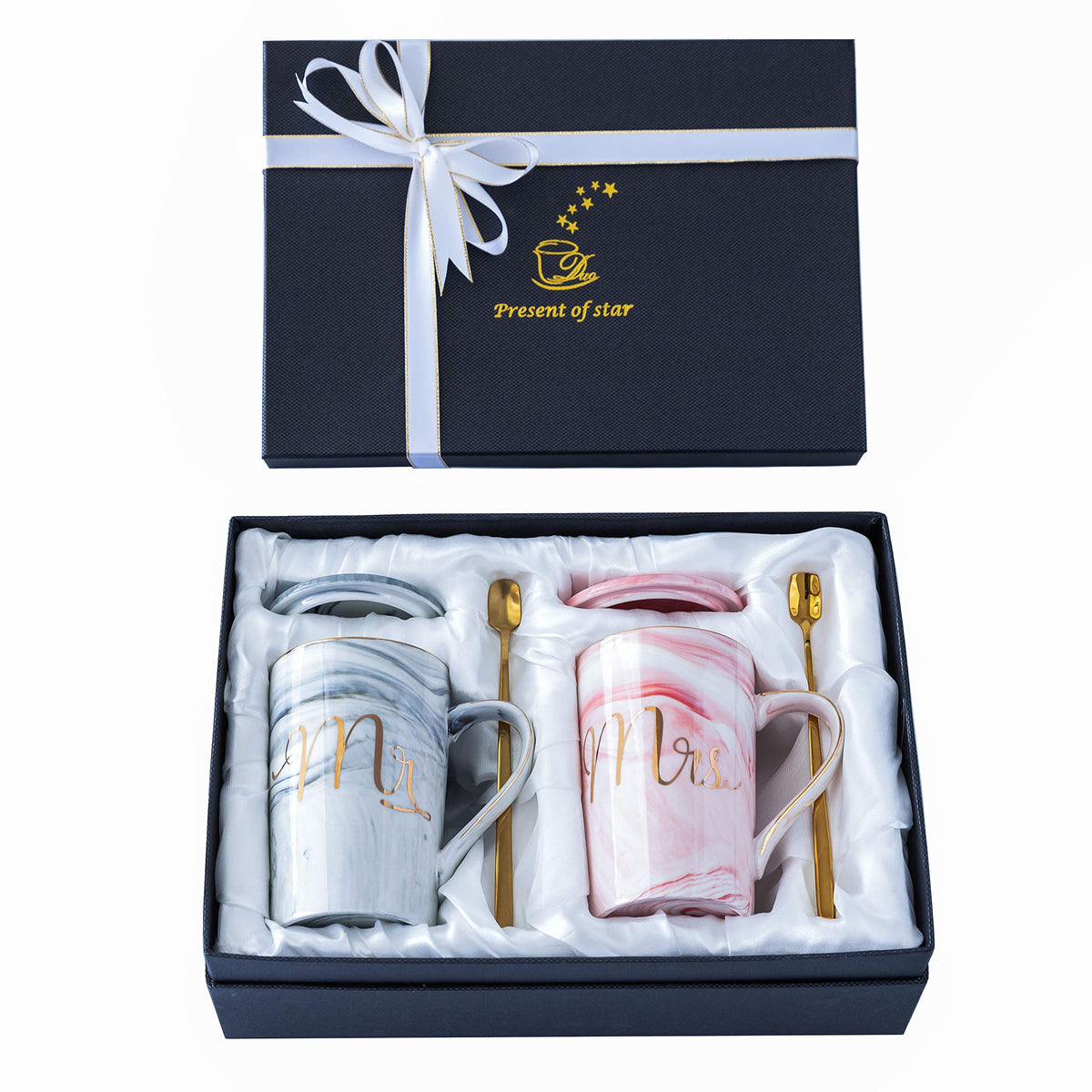 Jumway Mr and Mrs mugs with marble grey and pink design for couples mornings