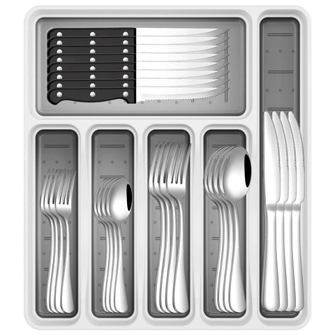 JUNLIN 49-piece silverware set in organizer, a compact dining solution for family meals.
