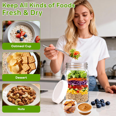 Junlin on-the-go salad jar fits lunches and gym bags.