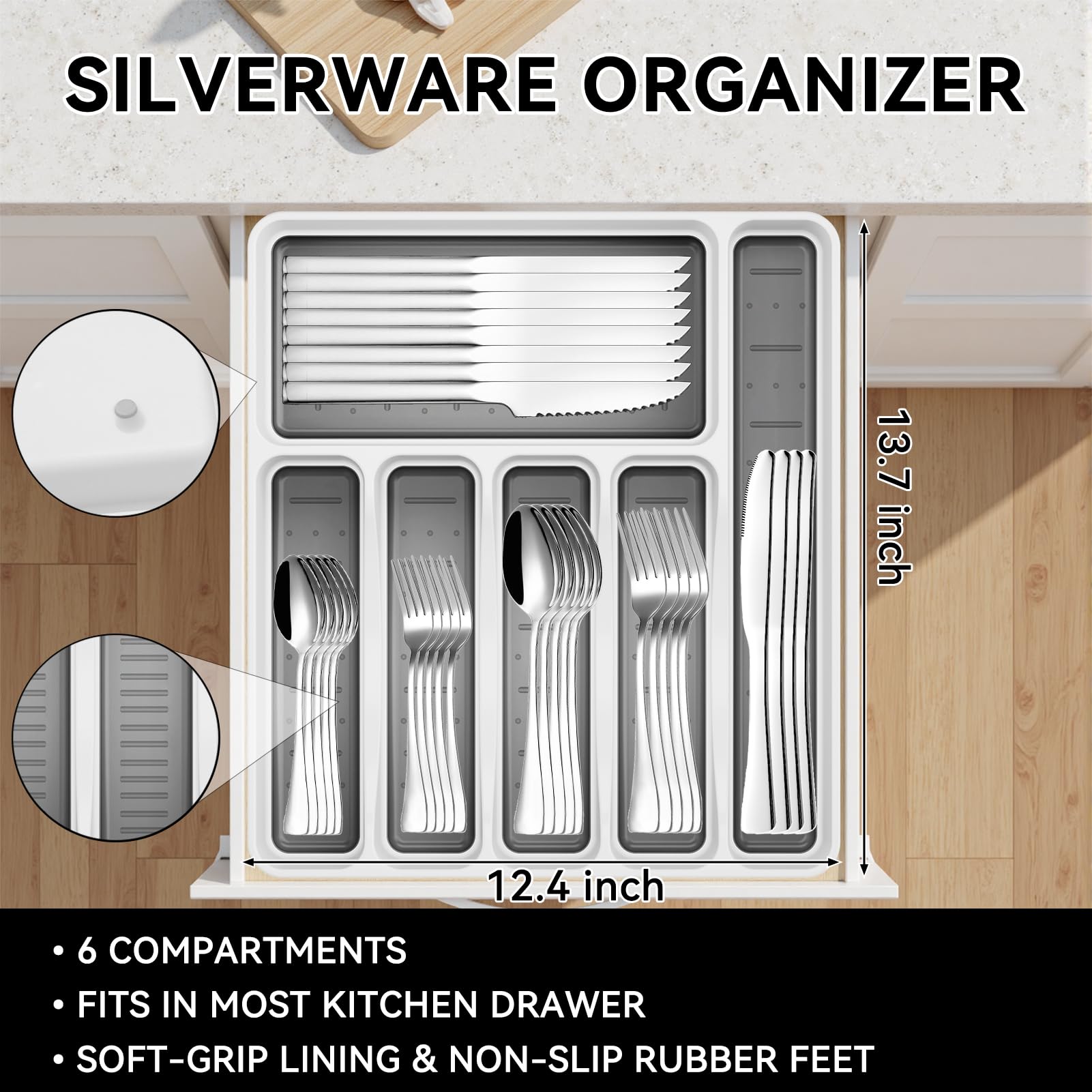 JUNLIN silverware drawer organizer keeps cutlery neatly separated and accessible