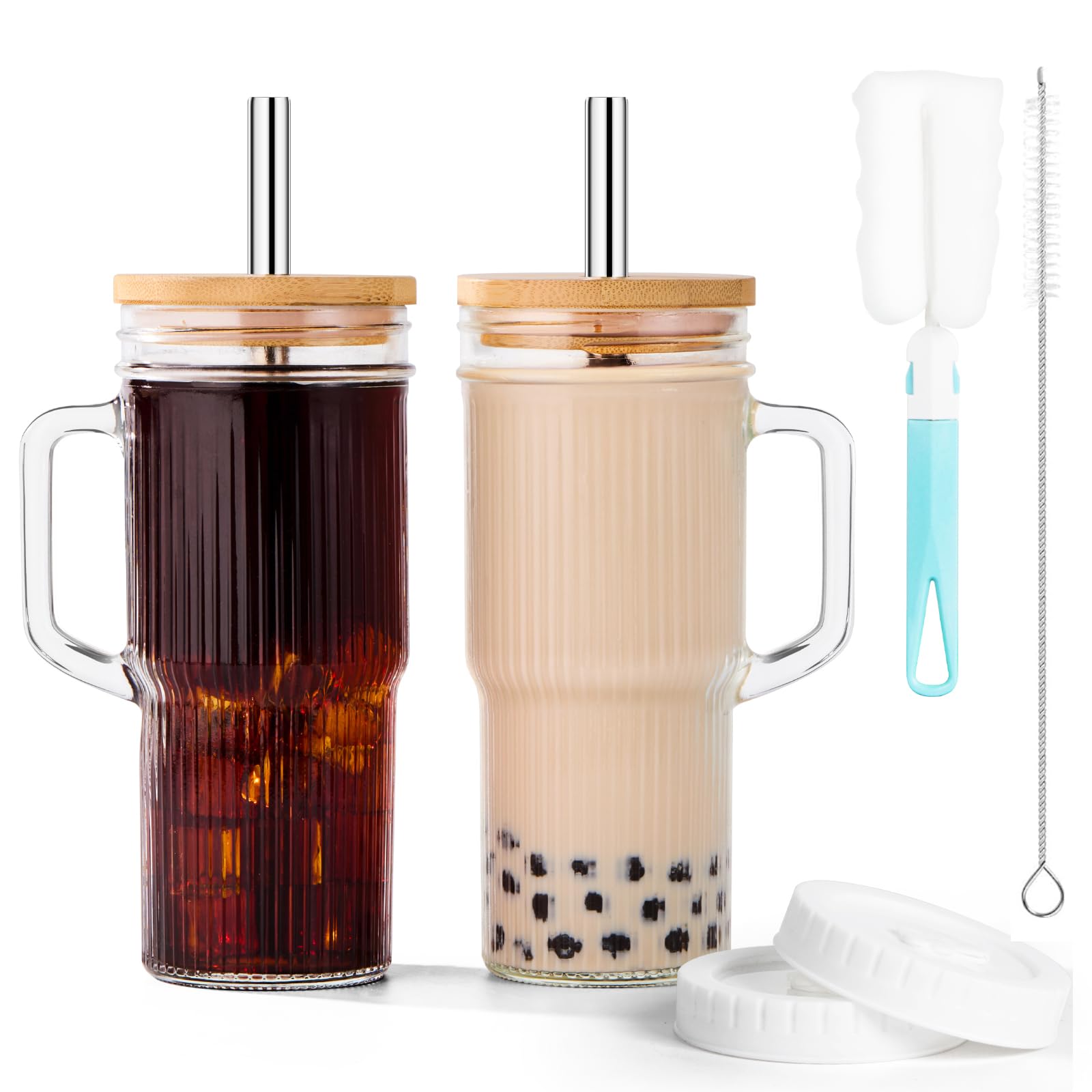 JunVpic 22oz ribbed glass tumbler with handle for easy, secure grip on cold drinks.