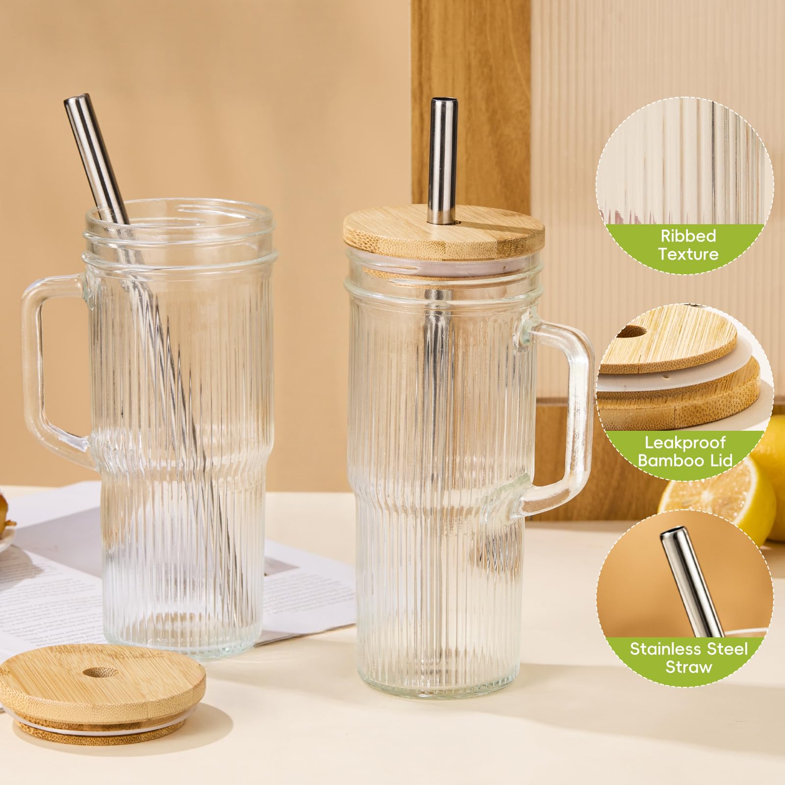 JunVpic glass tumbler with plastic lid for spill-conscious sipping at home or work.