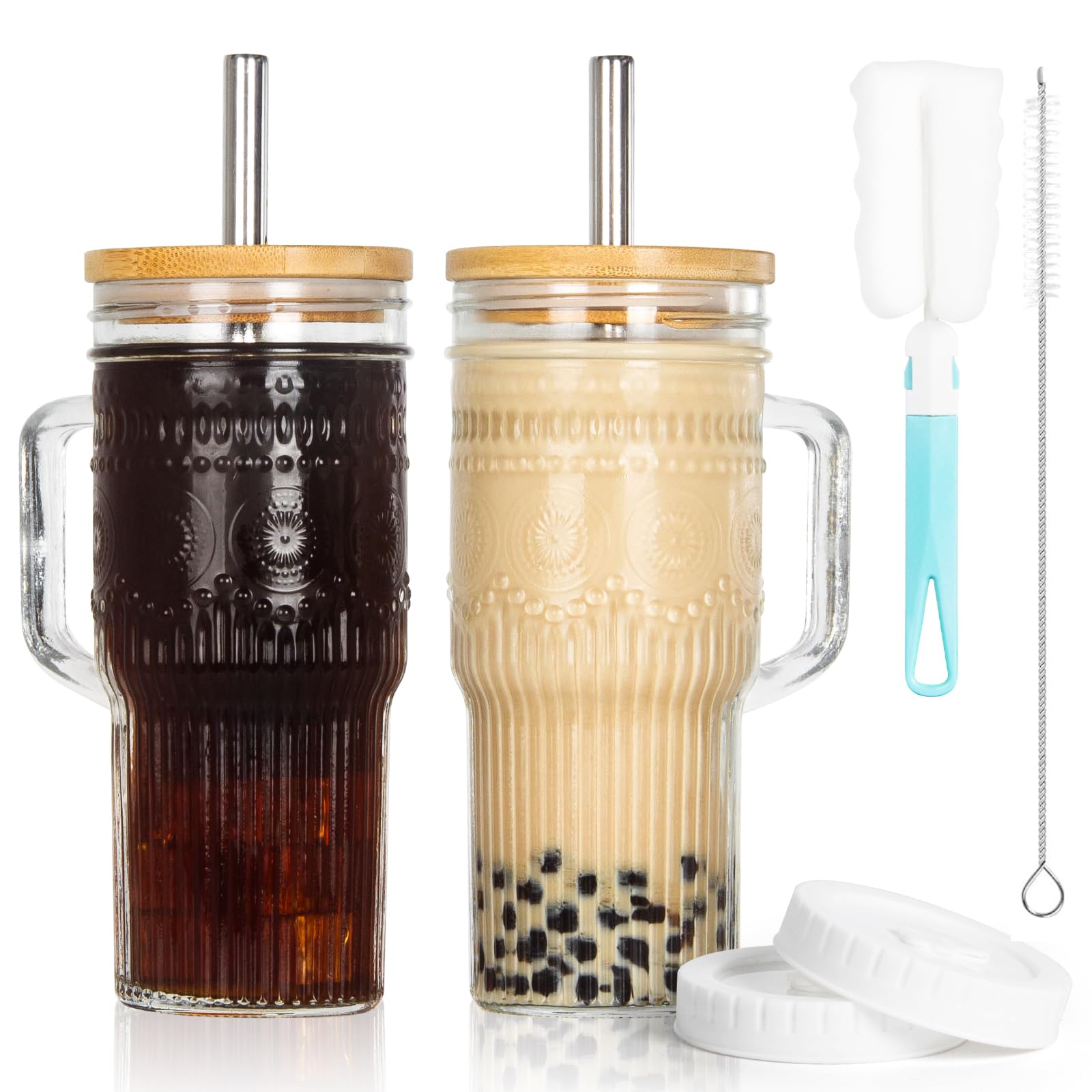 JunVpic glass cups with bamboo lids for stylish, easy-to-hold iced drinks.