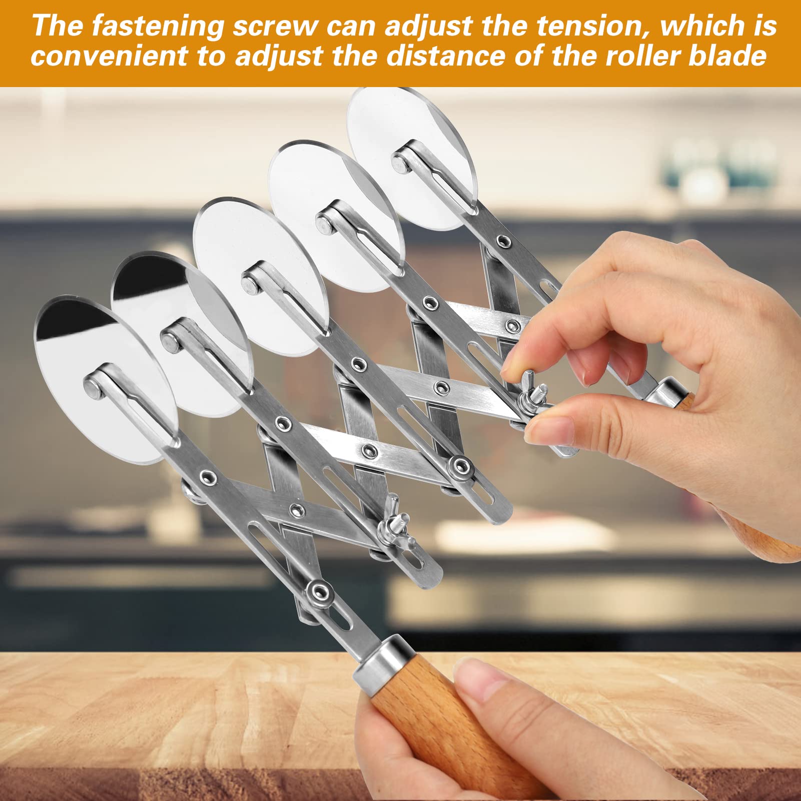Juome adjustable wheel pastry cutter demonstrating width options