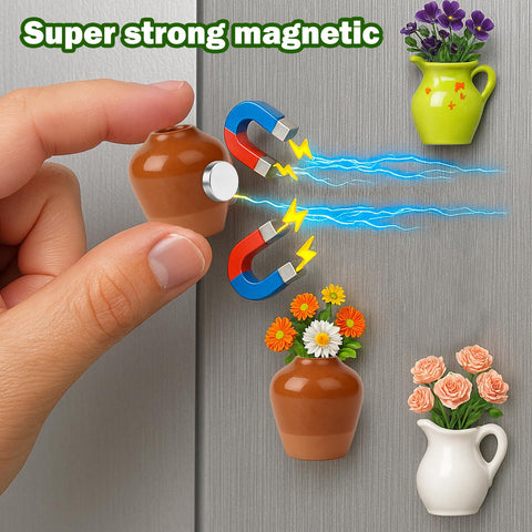 Organized on a metal surface, Juome vase magnets display notes and blooms.