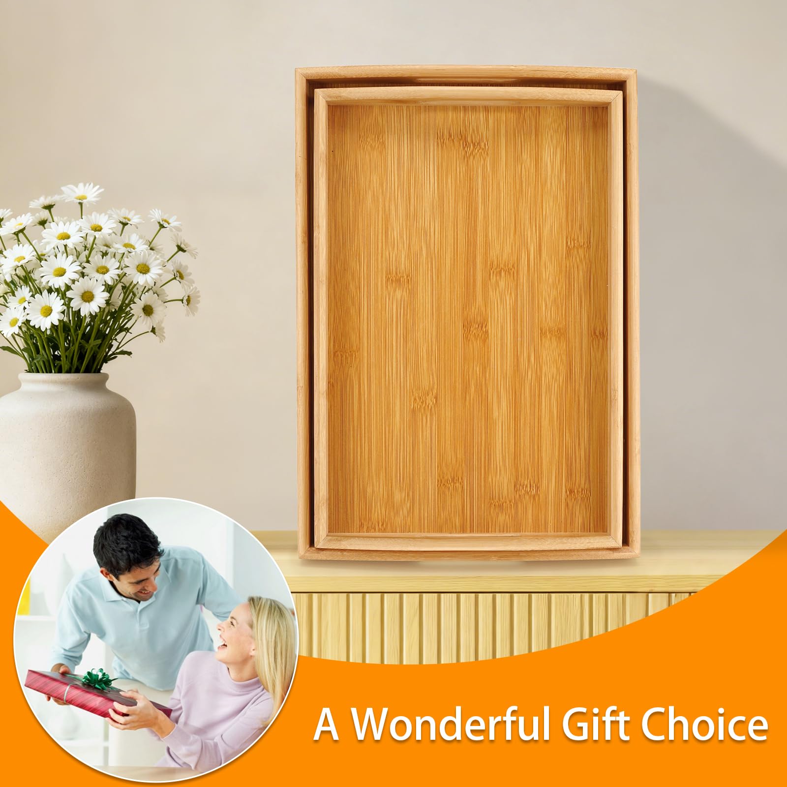 JUPELI stackable bamboo trays save space when stored.
