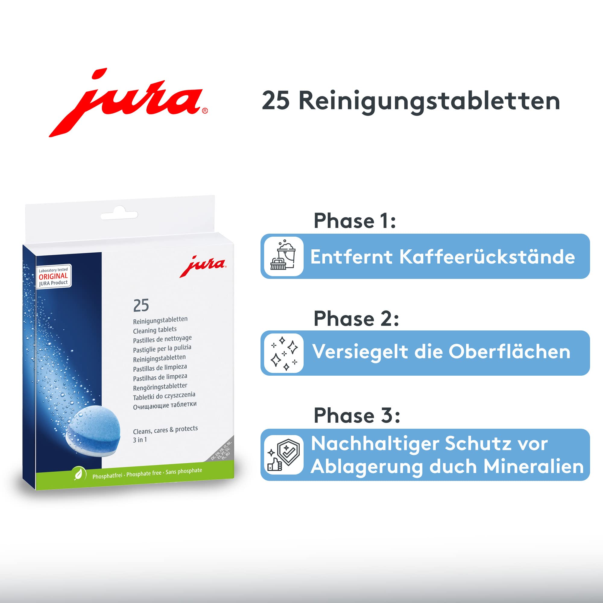 JURA 3-Phase Cleaning Tablets in use on a Jura automatic coffee center for hygienic cleaning