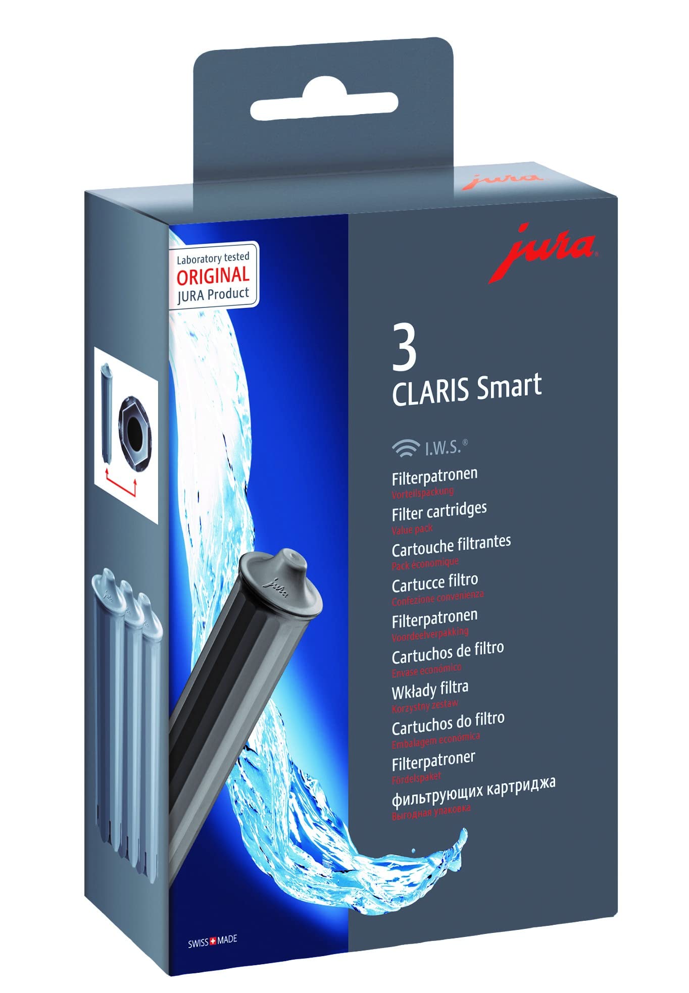 JURA Claris Smart filter cartridge grey front view showing compact 3-piece design for easy replacement