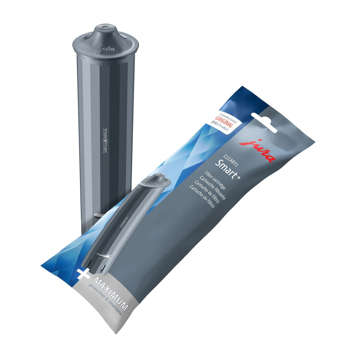 JURA CLEARYL Smart+ cartridge close-up filtering water for better coffee flavor.