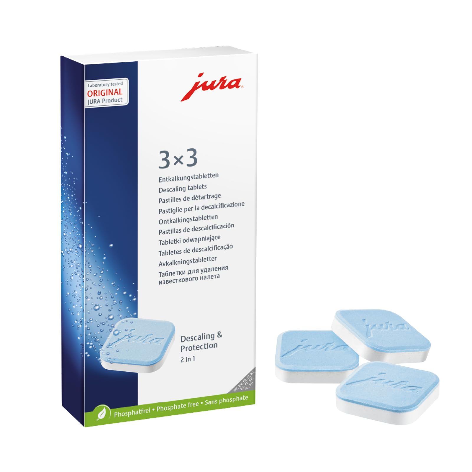 Jura Decalcifying Tablets European version packaging shows the product for easy maintenance.