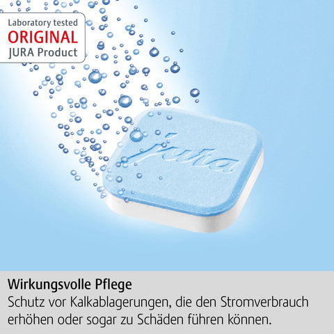 Jura European decalcifying tablets closeup highlights tablet detail for mineral buildup removal.