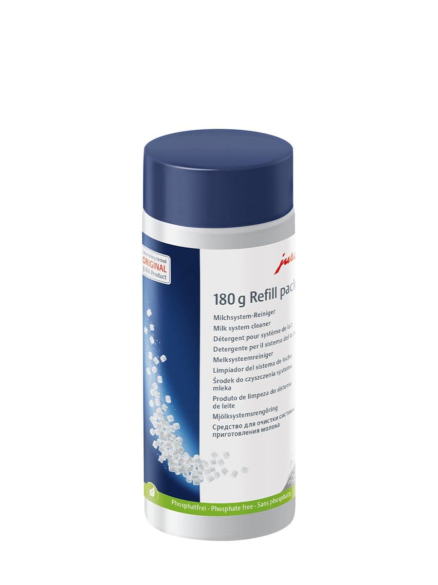 JURA milk system cleaner mini tabs in a 180g bottle for clean milk lines and consistent foam
