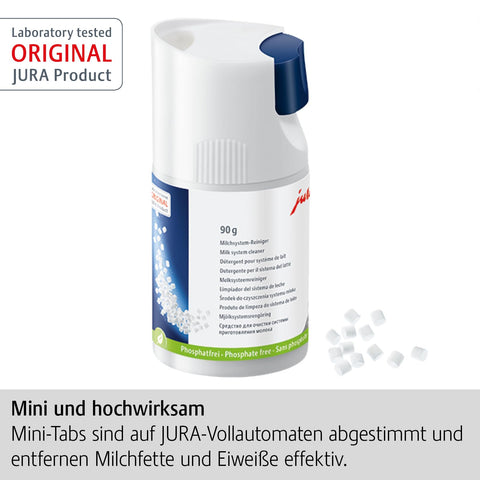Jura Mini Tabs one-click dosing dispenser shown for a single cleaning cycle