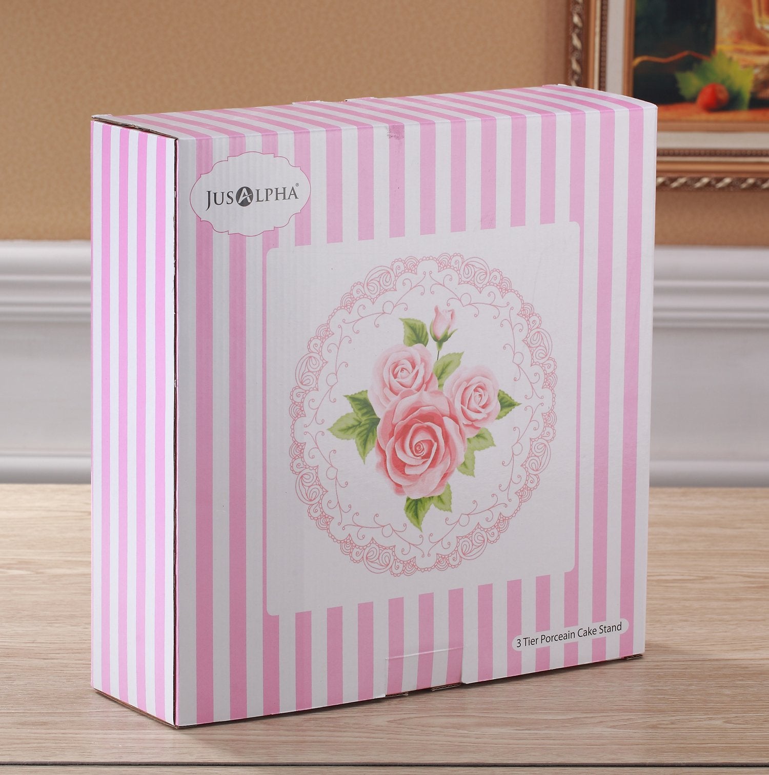 Jusalpha Cupcake Stand tiers measure 6, 8, and 10 inches.
