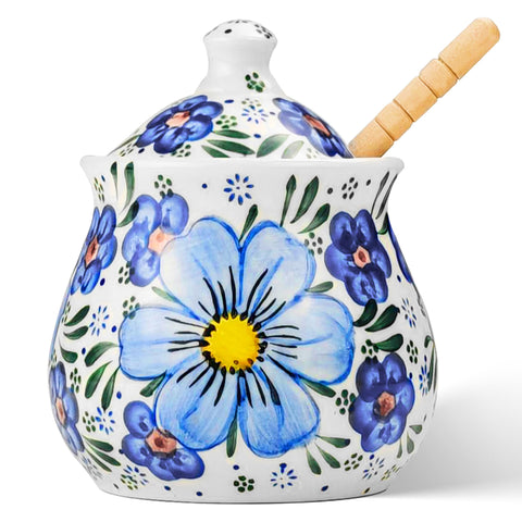 JUSONEY ceramic honey pot with dipper for mess-free honey access.