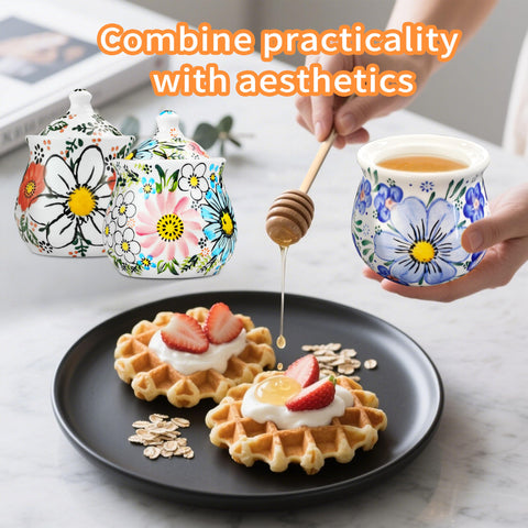 JUSONEY honey pot with floral design adds Monet-inspired charm to any counter.