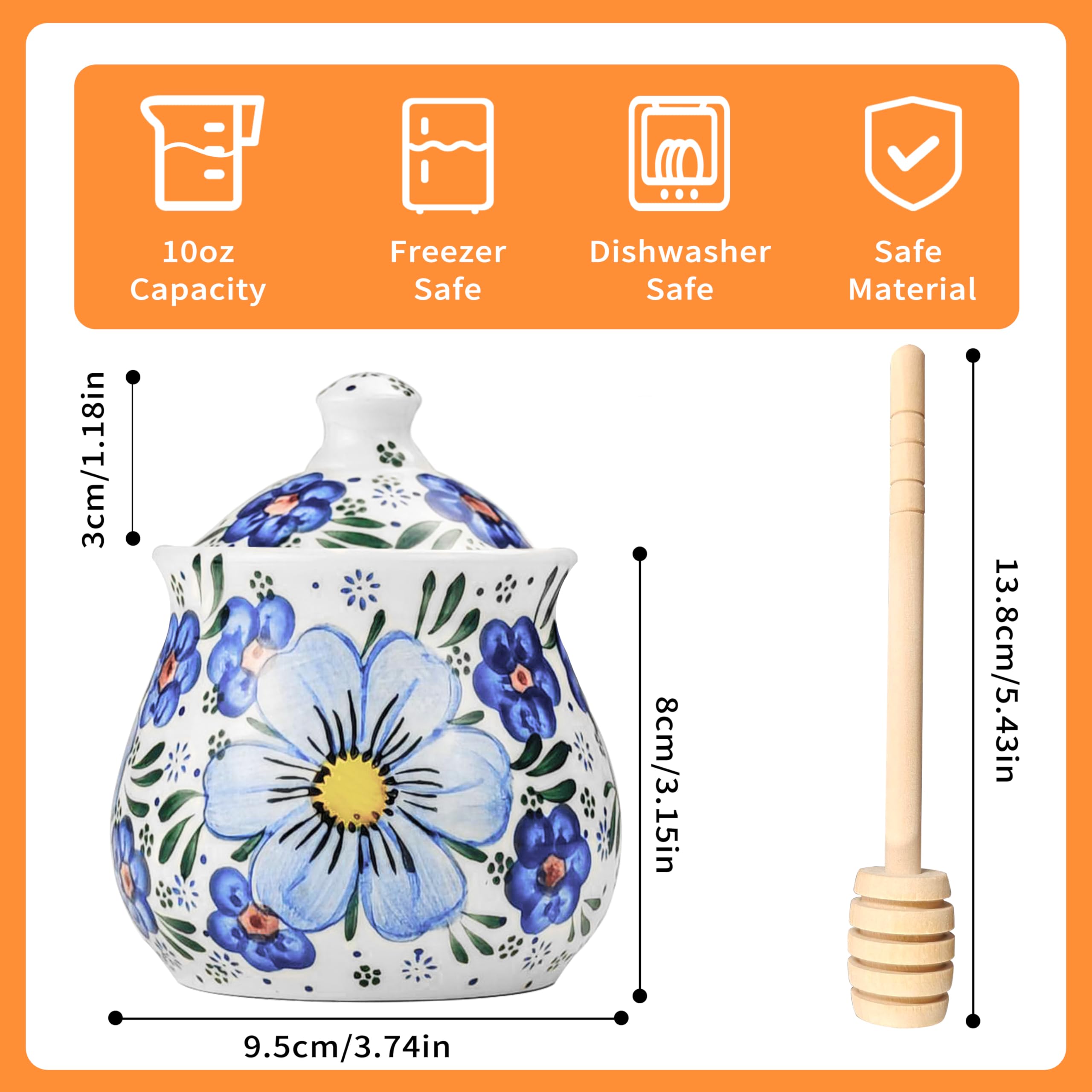 JUSONEY honey pot with lid and hand-painted flowers for breakfasts and tea.