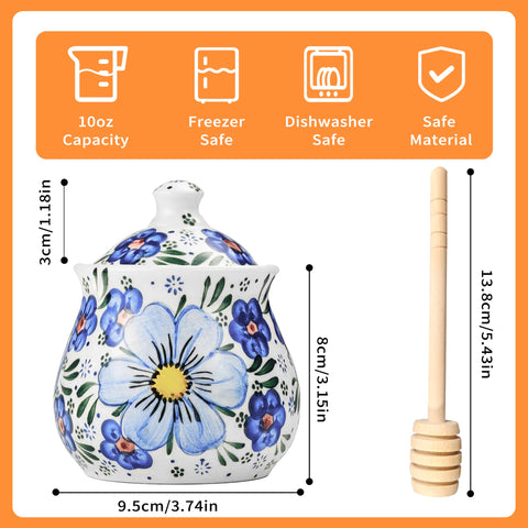 JUSONEY honey pot with lid and hand-painted flowers for breakfasts and tea.