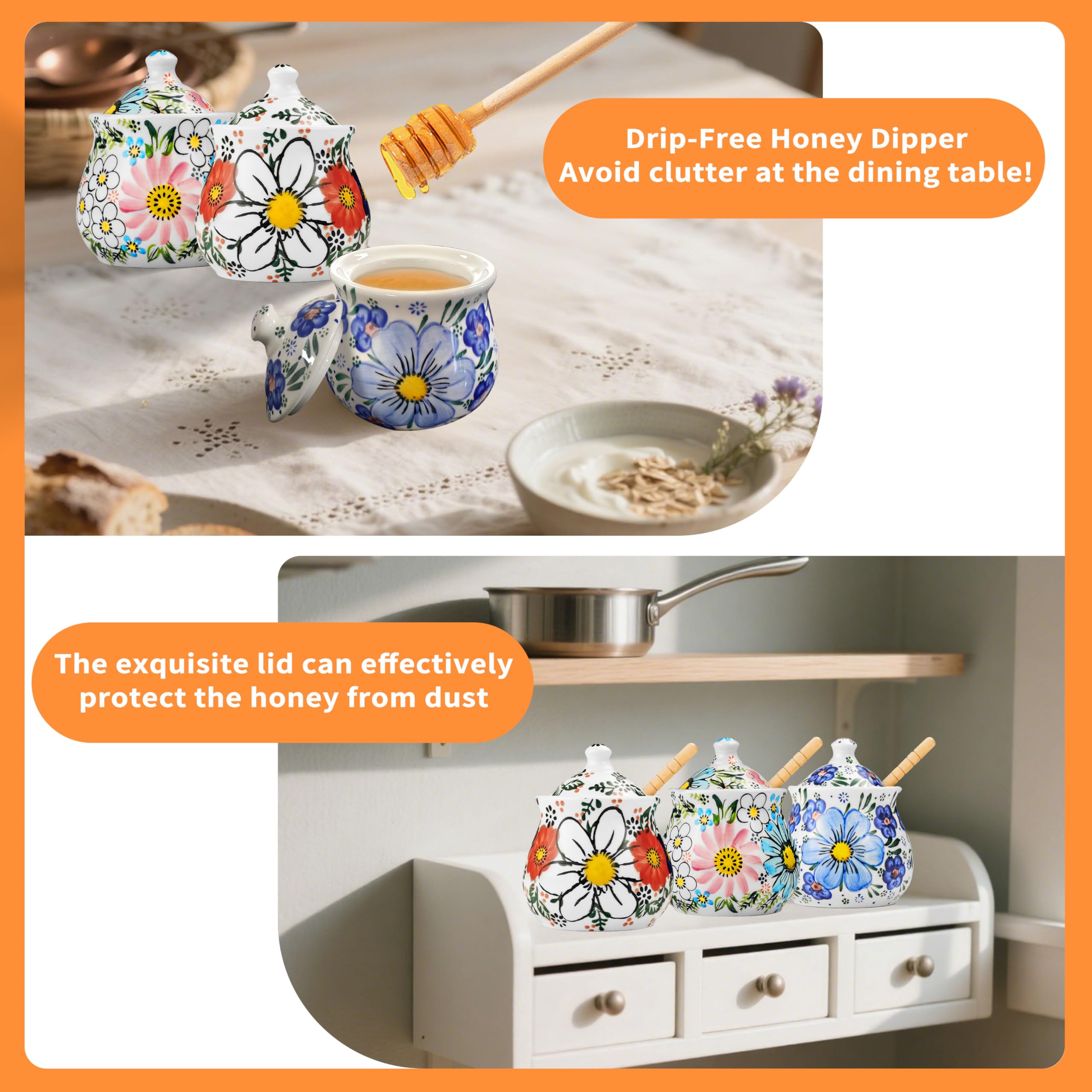 JUSONEY no-drip honey dispenser keeps counters clean.