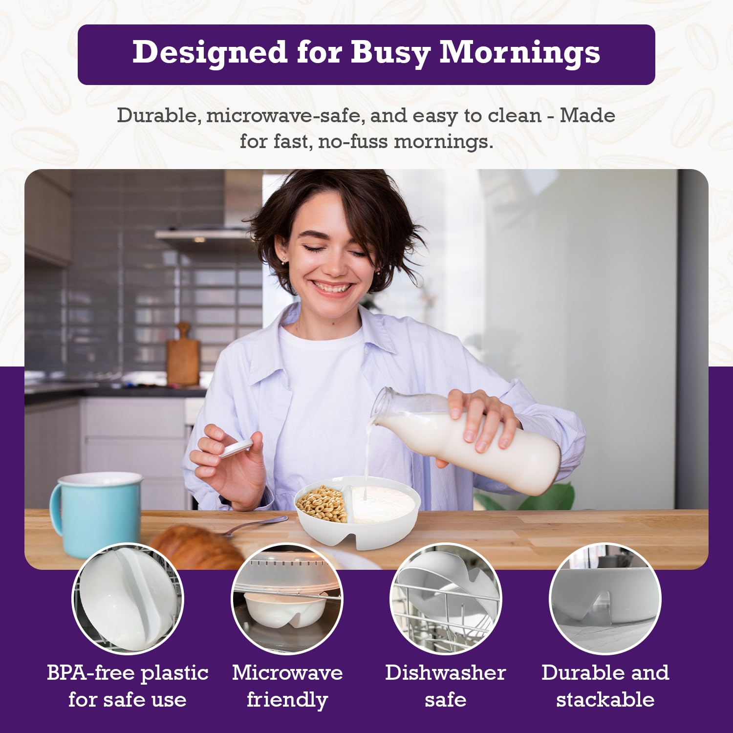 Just Artifacts Just Crunch stackable bowls saving cabinet space.