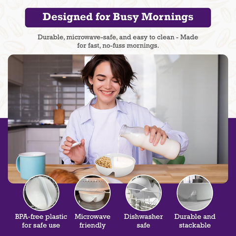 Just Artifacts Just Crunch stackable bowls saving cabinet space.