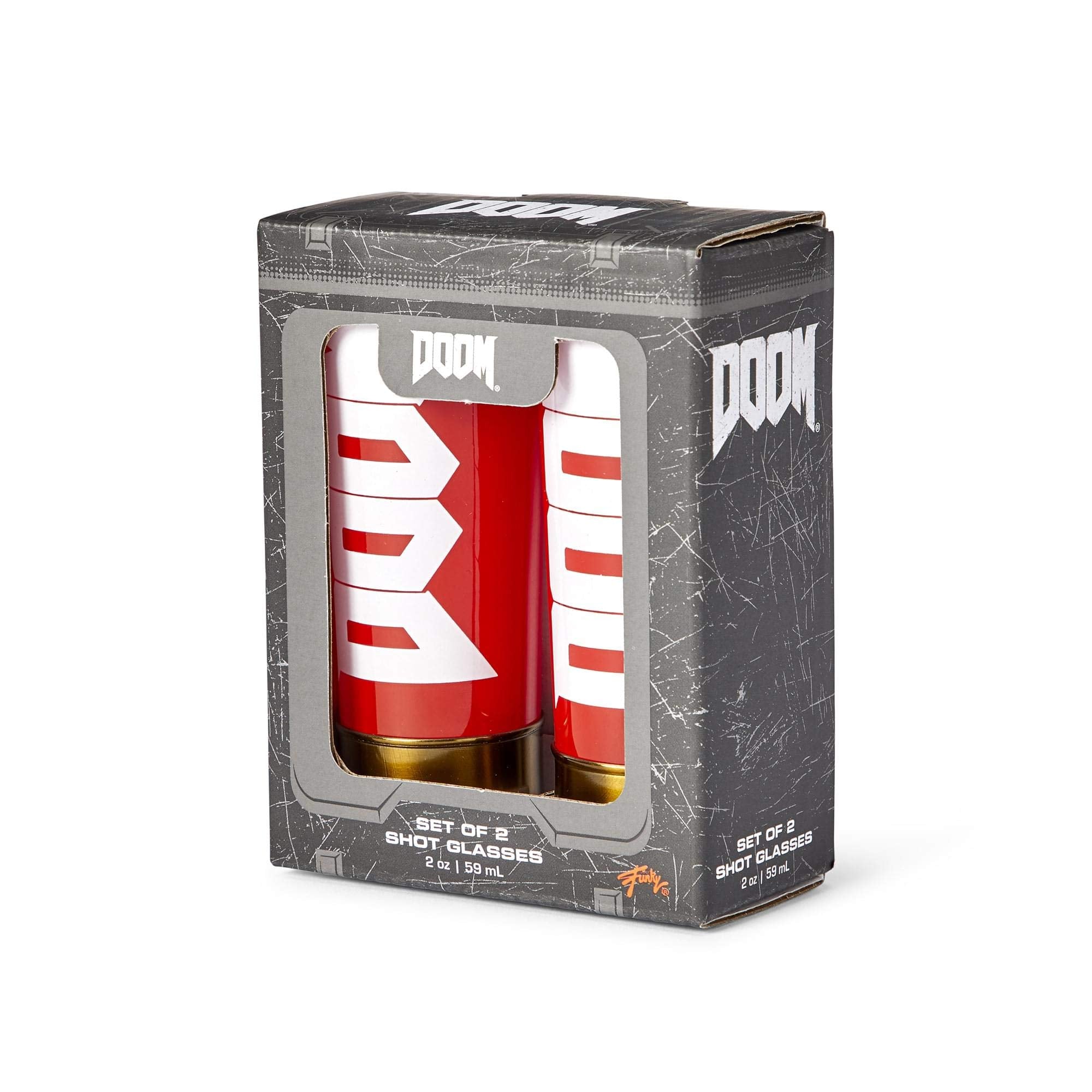 Just Funky DOOM shotgun shell shot glass close-up with logo detail.