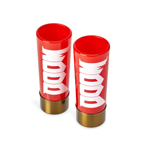 Just Funky DOOM shotgun shell shot glass set back view showing branding.