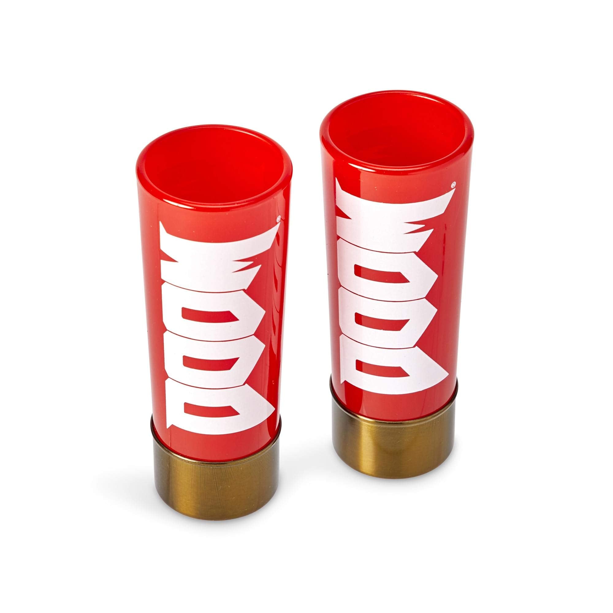 Just Funky DOOM steel-tipped shot glass set front view for display.