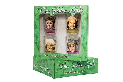 Just Funky Golden Girls set of four shot glasses for themed parties.