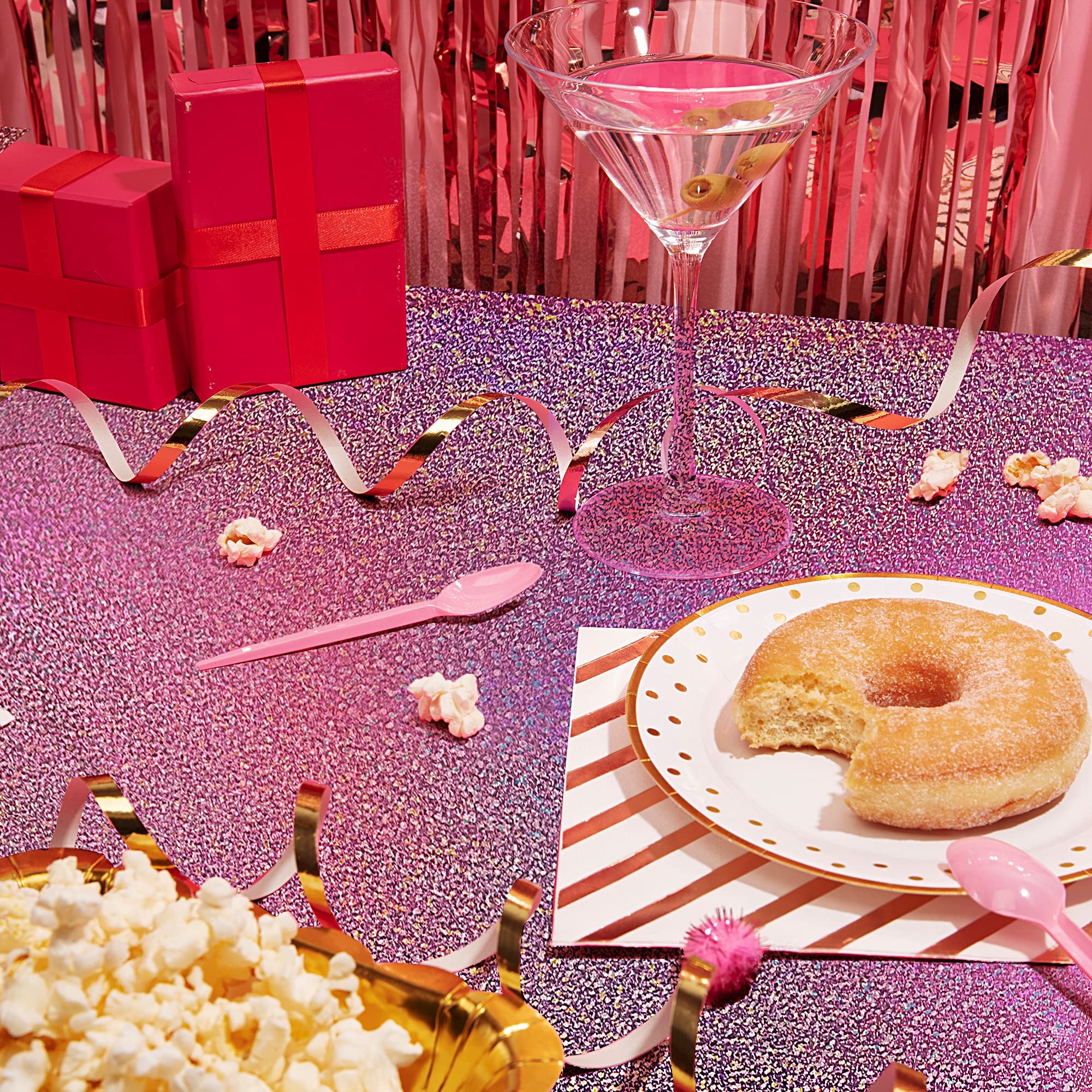 Just Shimmer Bachelorette decor tablecloth adds a sparkling touch to celebrations