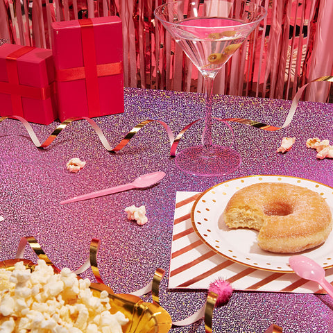 Just Shimmer Bachelorette decor tablecloth adds a sparkling touch to celebrations