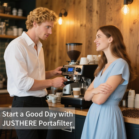 Removable handle on JUSTHERE 51mm bottomless portafilter for easy cleaning.