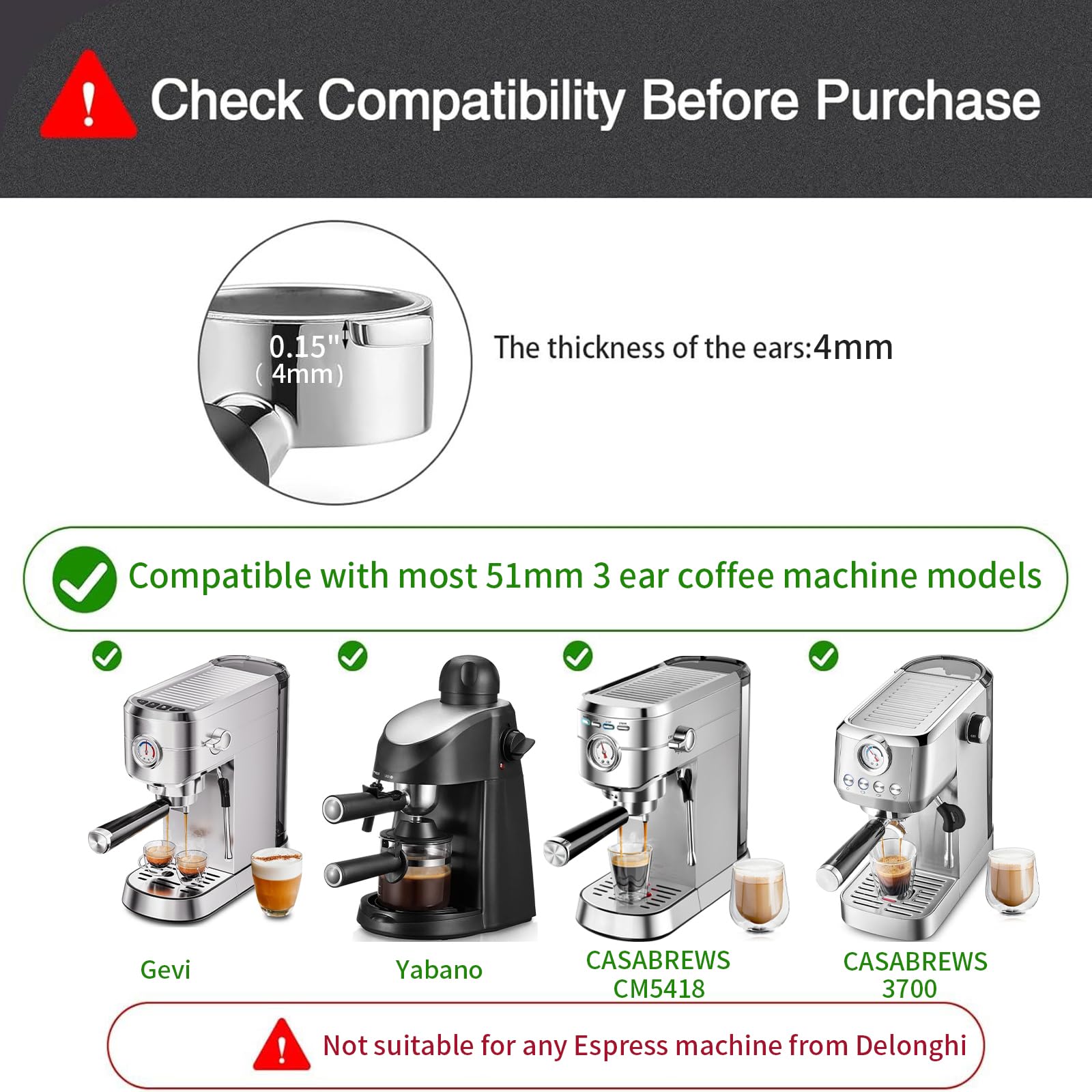 JUSTHERE bottomless portafilter with three ears, precise mounting for uniform extractions.