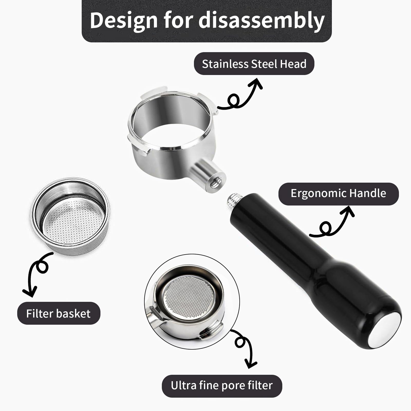 JUSTHERE ergonomic handle design ensures comfortable grip during manual espresso shots.