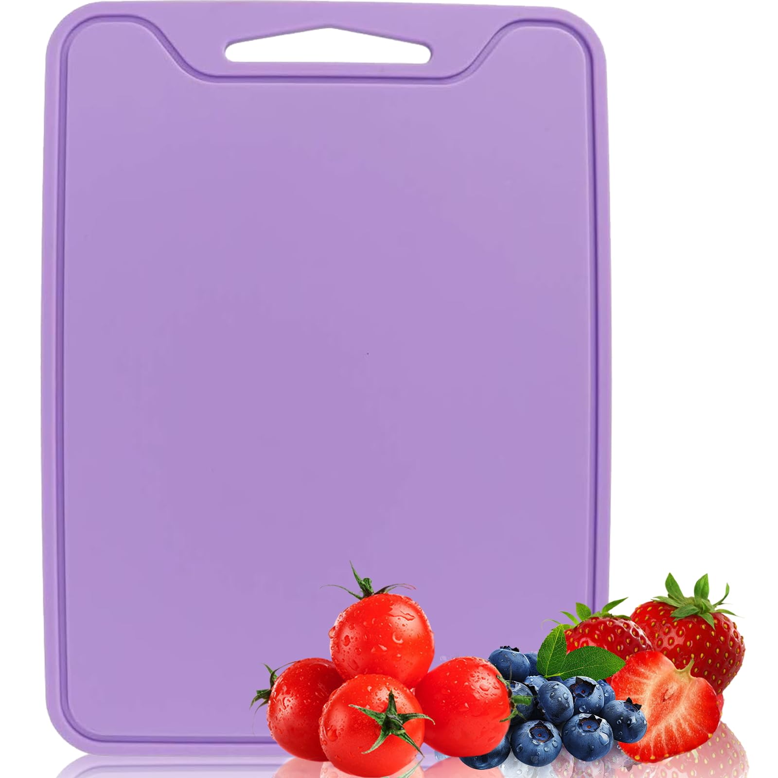 JustHere purple silicone cutting board, top view showing flexible ingredient transfer.