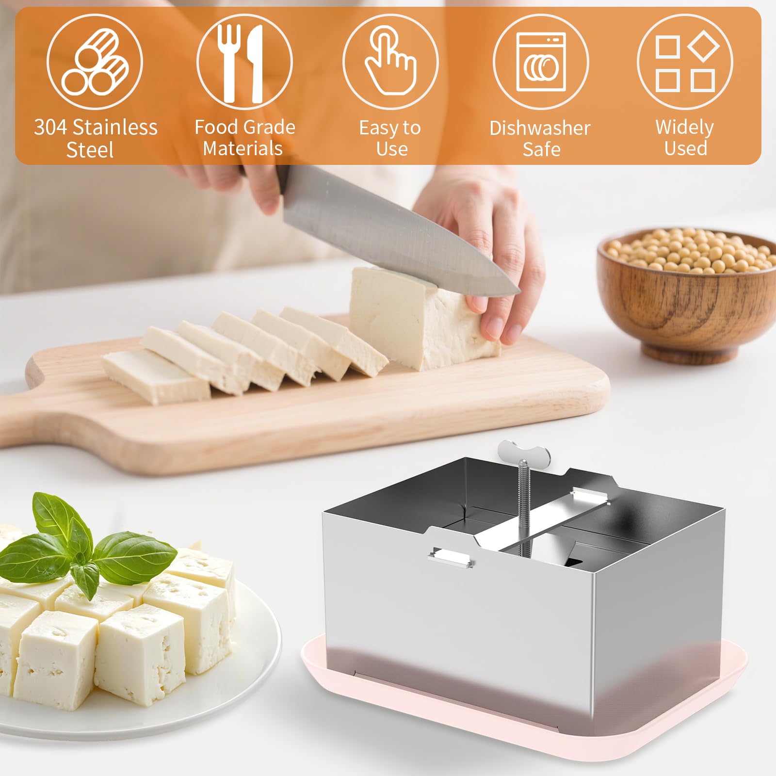 JUSTHERE Tofu Press with drip tray keeps countertops tidy during pressing.