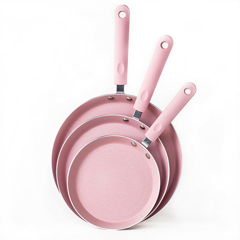JUSTUP pink nonstick frying pan set shown together for versatile weeknight cooking