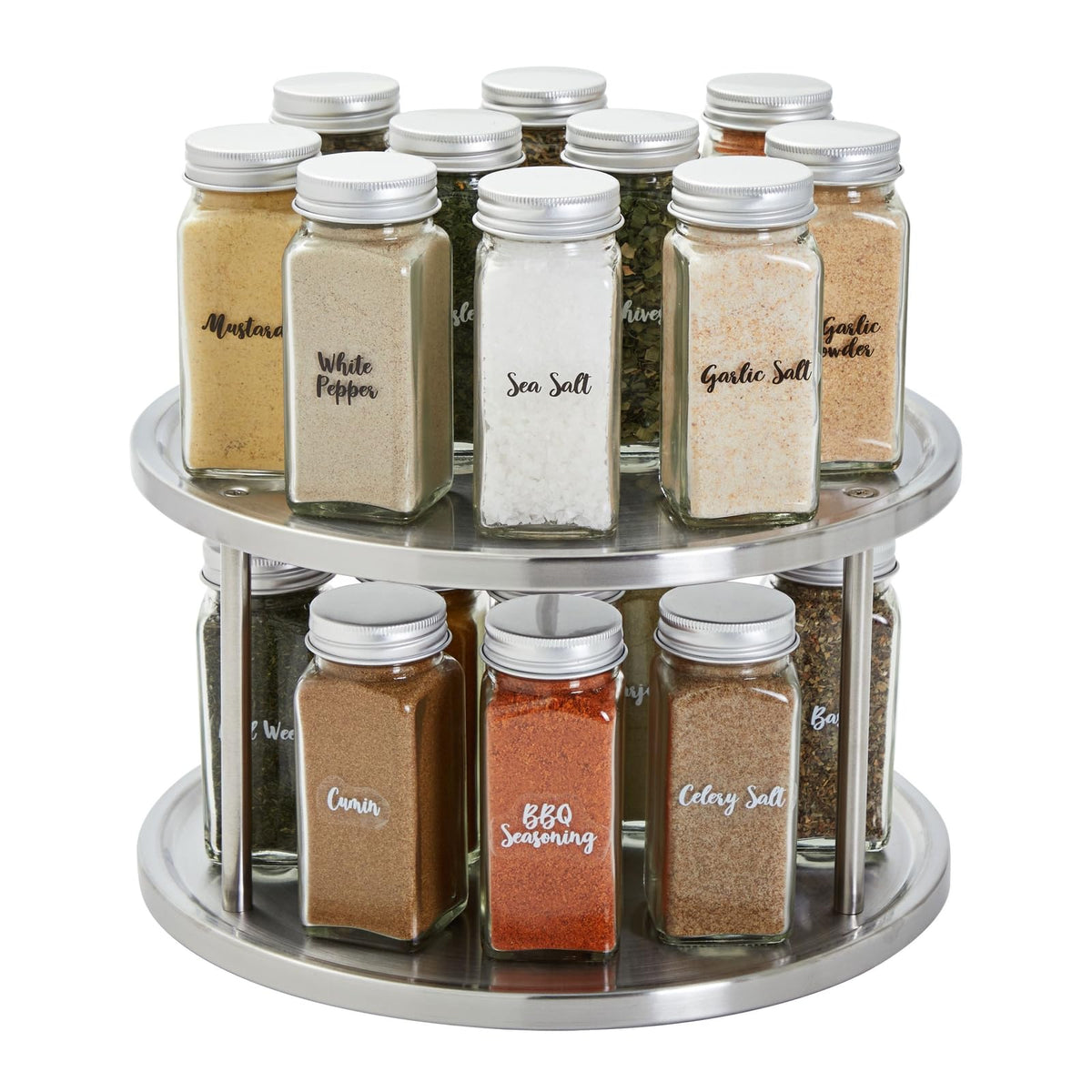 Juvale 2-Tier Lazy Susan on cabinet, rotating design for easy spice access.