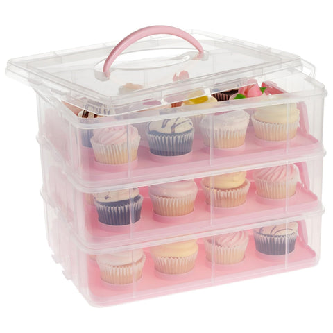 Juvale 3-Tier Cupcake Carrier with airtight lid transporting 36 cupcakes securely