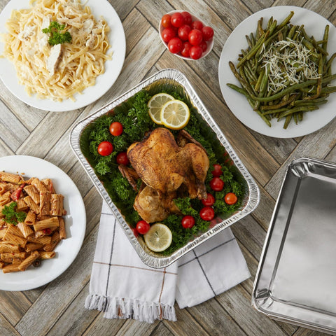 Juvale aluminum pans with lids 9x13, disposable, great for catering and portion control.