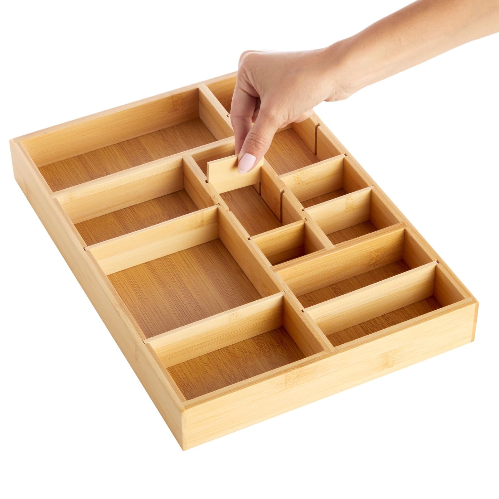 Juvale bamboo drawer organizer tray with eight slots for kitchen utensils