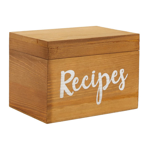 Brown pinewood Juvale recipe box resting on a kitchen counter.