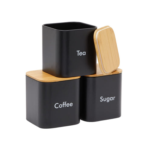Juvale black iron coffee canister with tight seal on a modern counter.