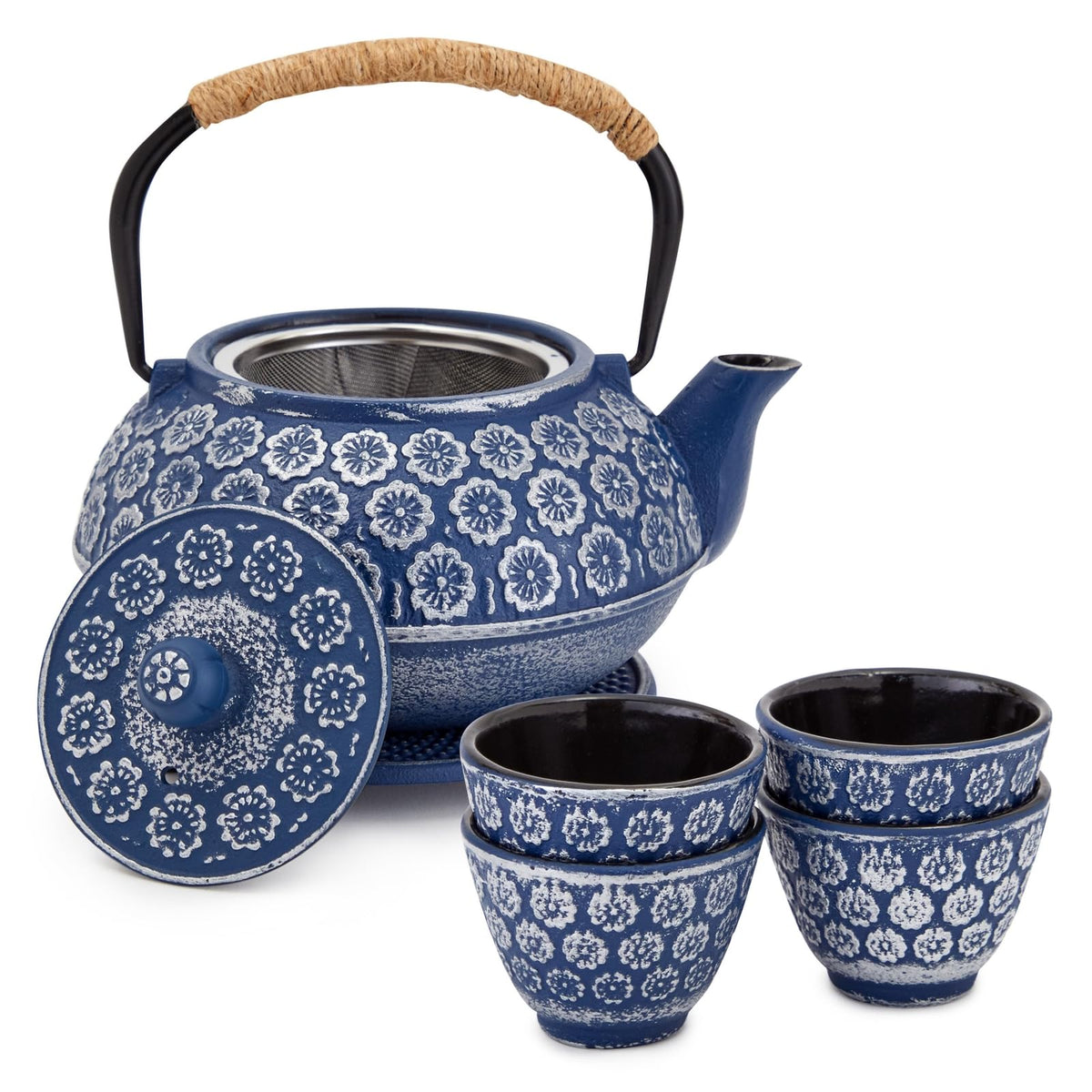 Juvale teapot blue close-up showing rich hue and sturdy iron for steady heat.
